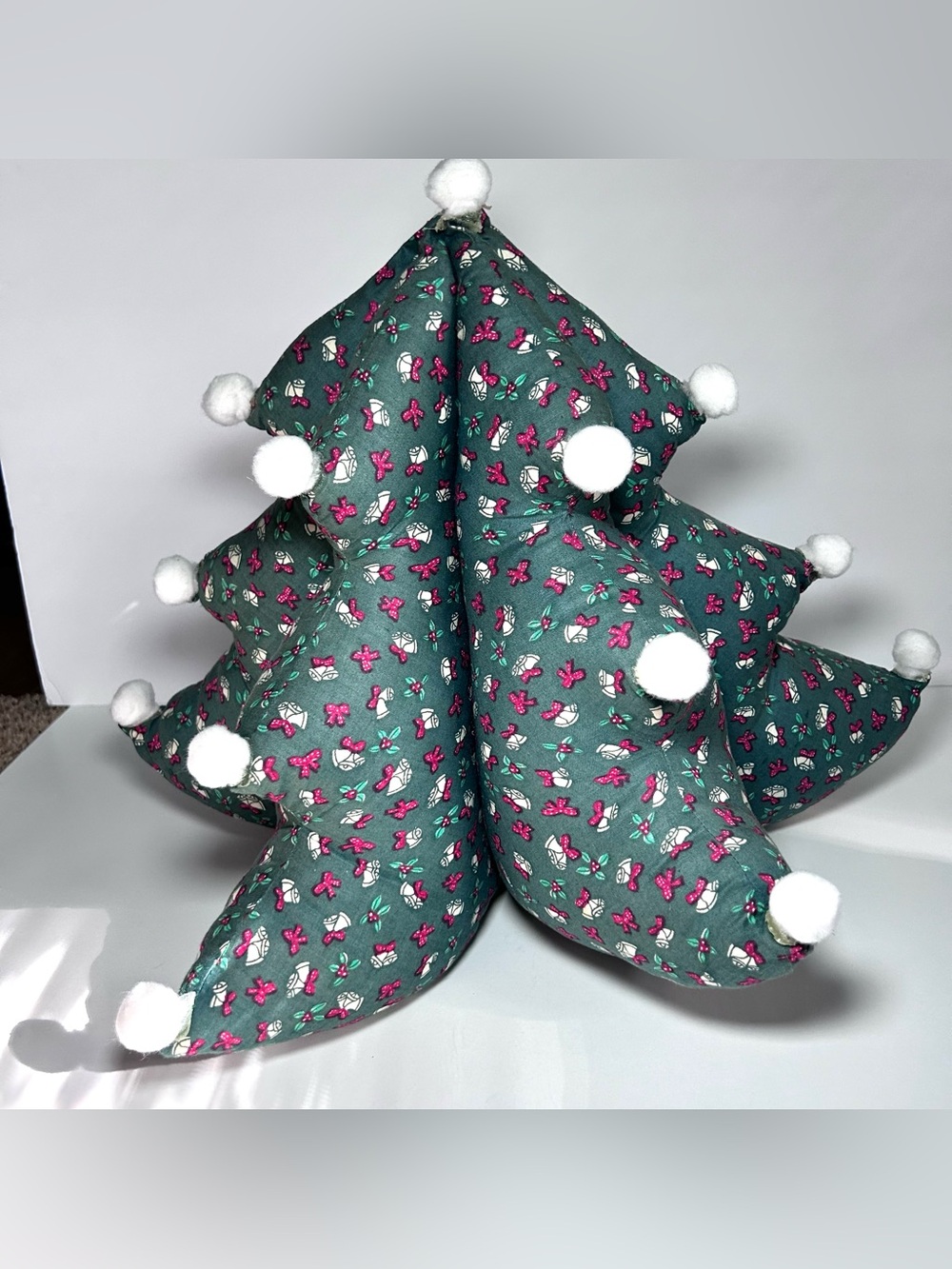 Vintage 3D Stuffed Christmas Tree Green with White PomPom Ornaments Homemade